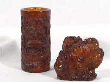 Appraisal: A Chinese carved amber brush pot cm high together with