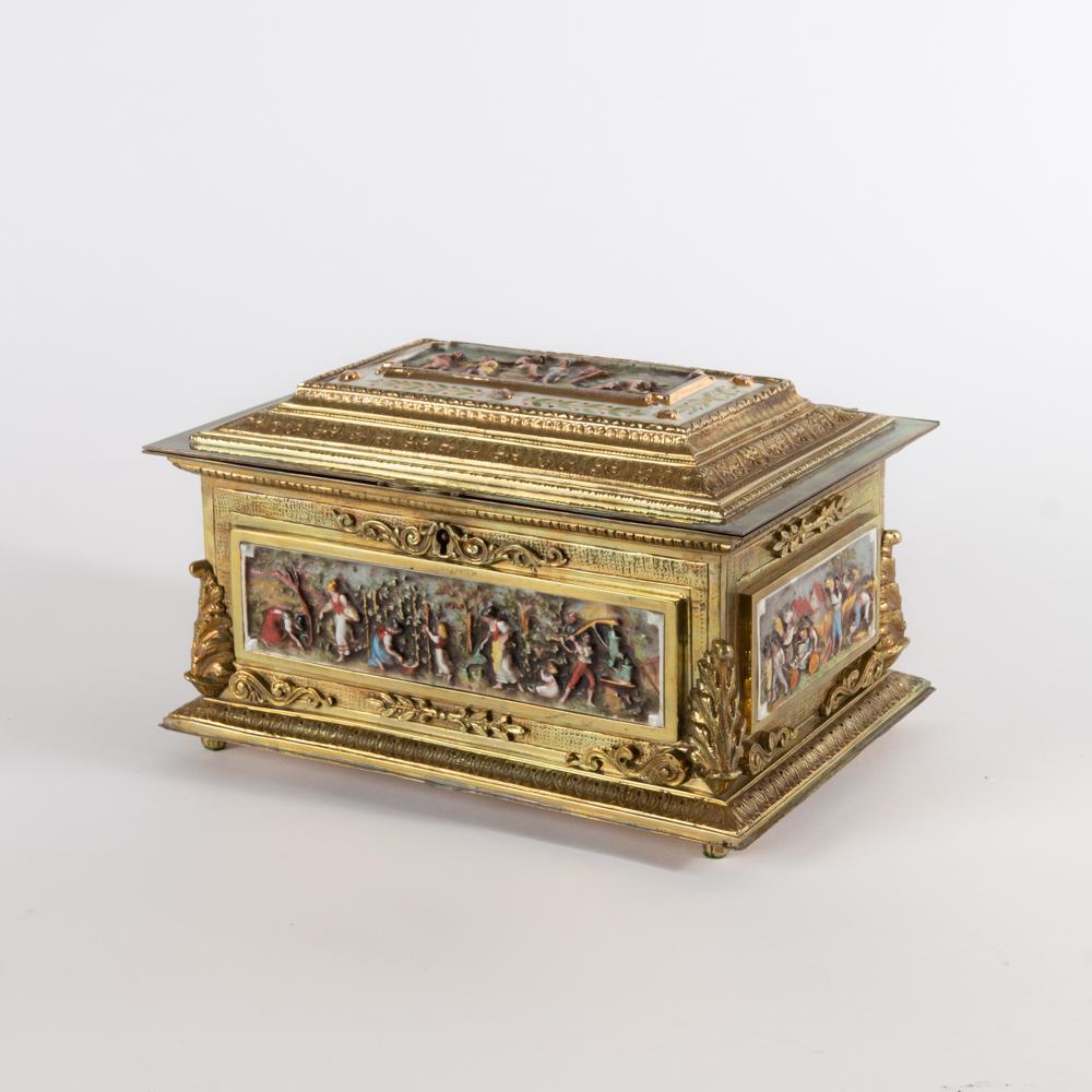 Appraisal: BRONZE JEWELRY CASKET WITH CAPODIMONTE PANELS A gilt bronze and