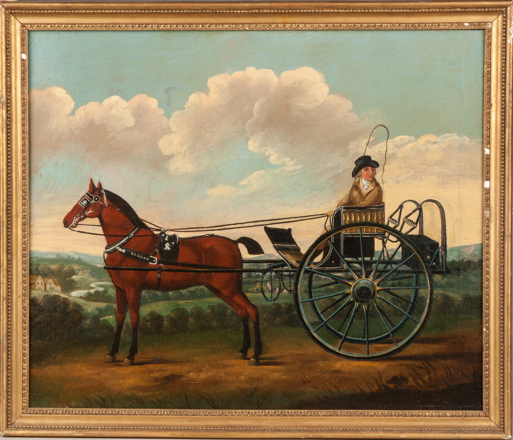 Appraisal: Painting of a Horse Drawn Cart Rider th cent Oil