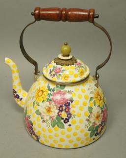 Appraisal: MACKENZIE CHILDS Large Enamel Teapot Buttercup pattern Curved brass arms