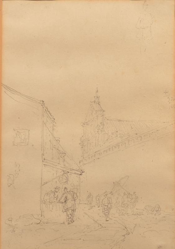 Appraisal: Pencil Drawing of a Street Scene with Cathedral Pencil on