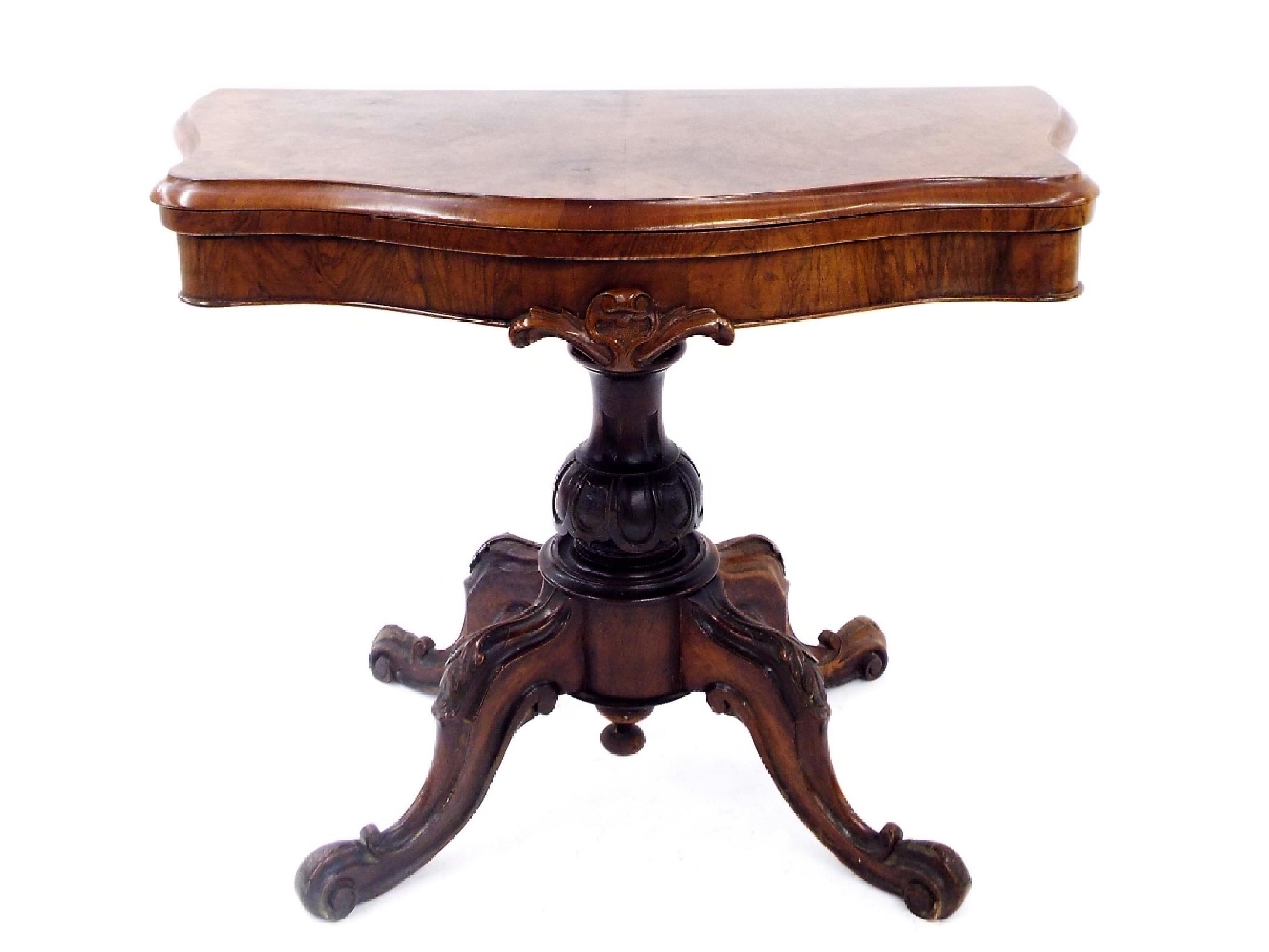 Appraisal: Victorian burr walnut serpentine foldover games table the hinged top