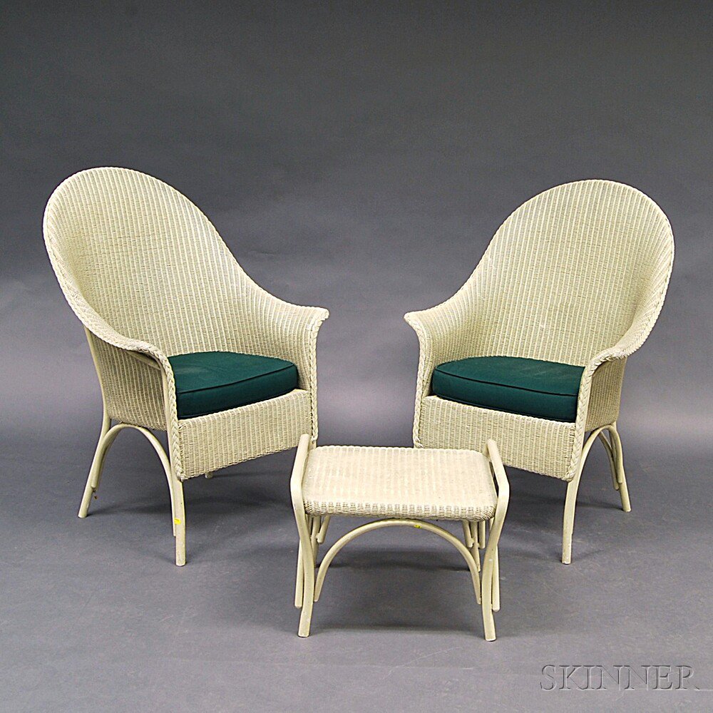 Appraisal: Three Pieces of White-painted Wicker Furniture a pair of chairs