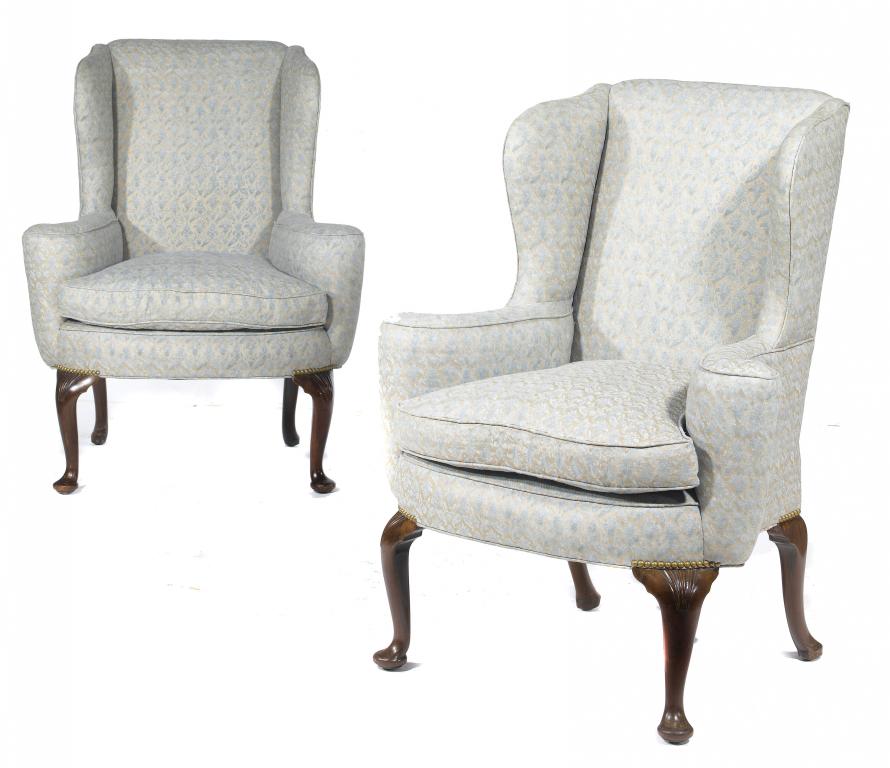 Appraisal: A PAIR OF QUEEN ANNE STYLE ARMCHAIRS with wing back