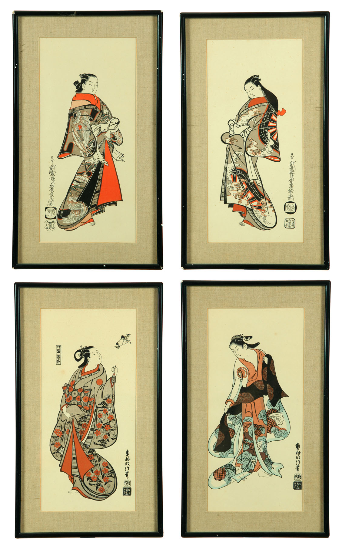 Appraisal: FOUR WOODBLOCK PRINTS Japan mid th century Images of geishas