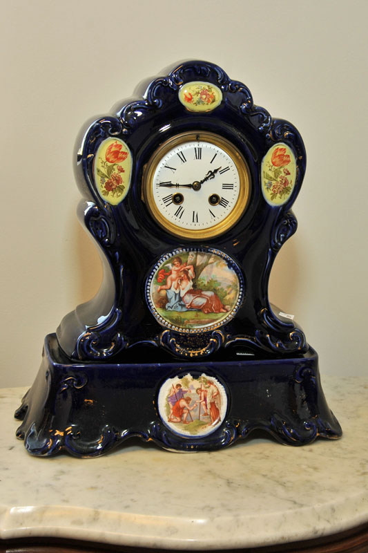 Appraisal: CHINA MANTLE CLOCK AND BASE Cobalt blue porcelain clock with