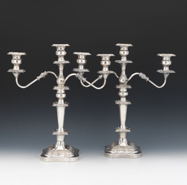 Appraisal: PAIR OF LARGE BAROQUE STYLE SILVER PLATE THREE-LIGHT CANDELABRA x