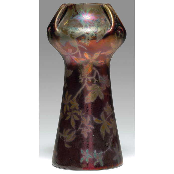 Appraisal: Fine Clement Massier vase three-handled shape in a colorful metallic