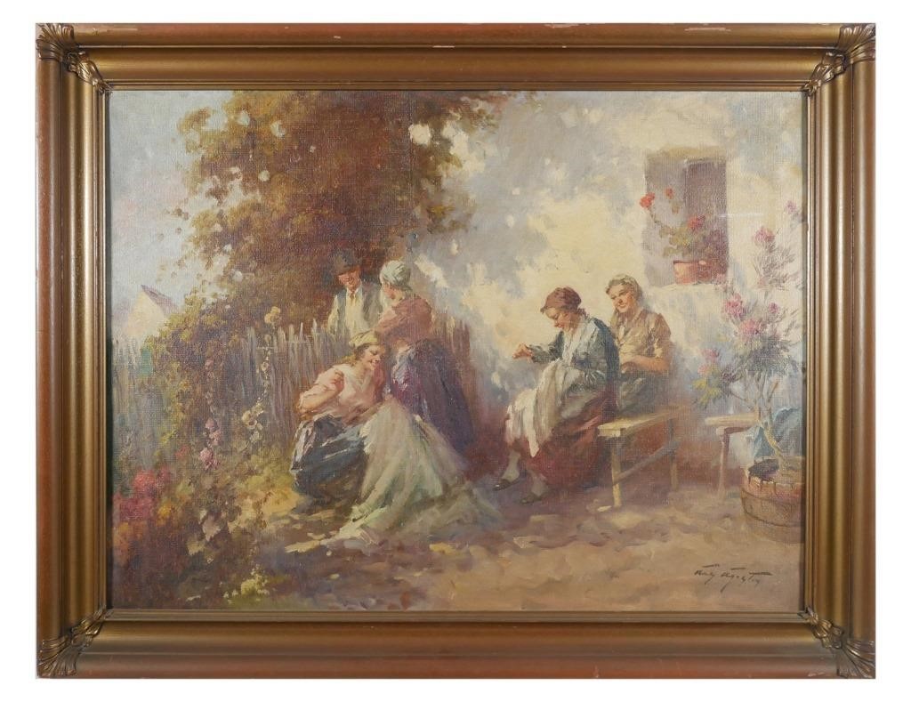 Appraisal: Oil on canvas painting of women sewing by AGOSTIN ACS