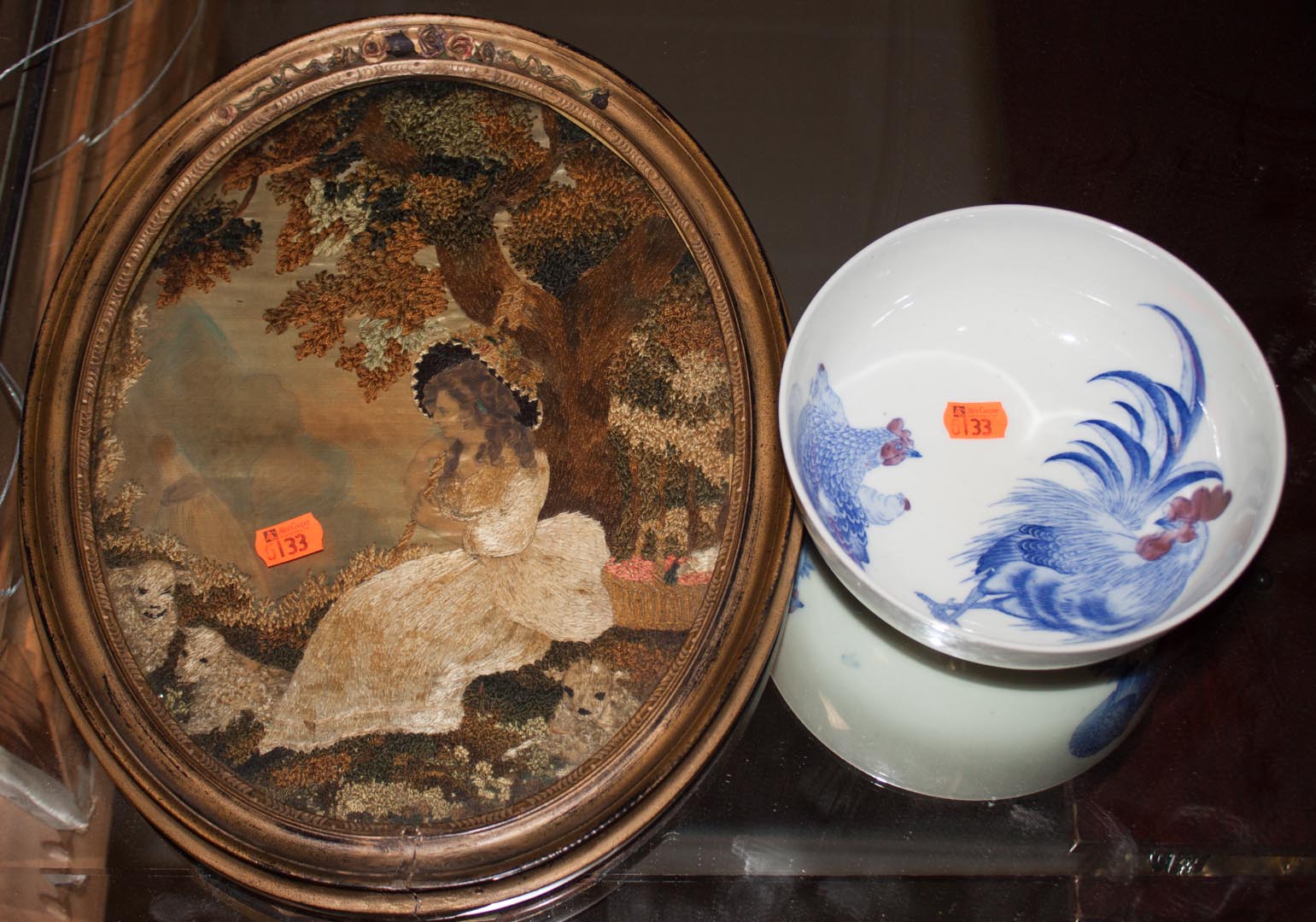 Appraisal: Oriental bowl and framed needlework