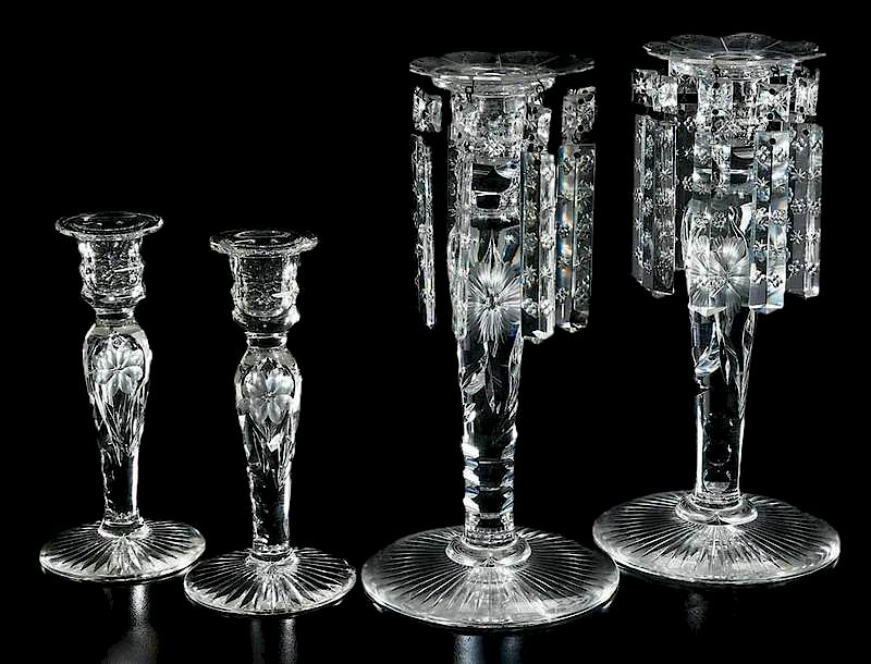 Appraisal: Two Pairs Brilliant Cut Glass Candlesticks one pair with prism