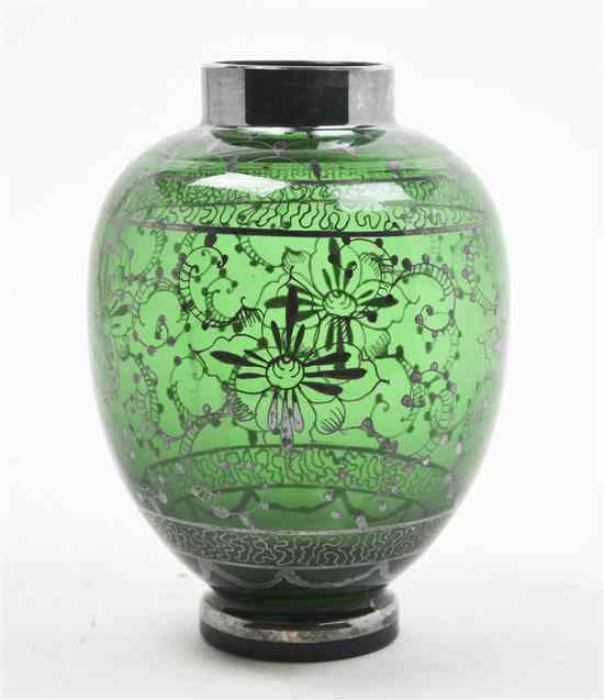 Appraisal: A Silver Overlay Glass Baluster Vase the green glass vase