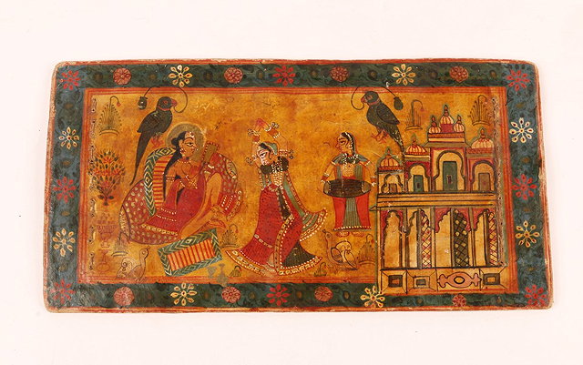 Appraisal: AN INDIAN RECTANGULAR LACQUERED PARCHMENT BOOK COVER with dancing figure