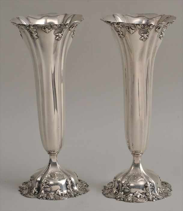 Appraisal: PAIR OF WHITING MFG CO MONOGRAMMED SILVER LARGE VASES Each