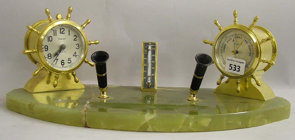 Appraisal: Waterbury green onyx and brass mounted desk clock barometer set