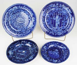 Appraisal: four Deep Blue Staffordshire porcelain plates plates w transfer dec