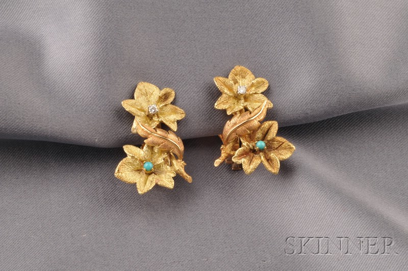 Appraisal: kt Bicolor Gold Turquoise and Diamond Earclips each designed as