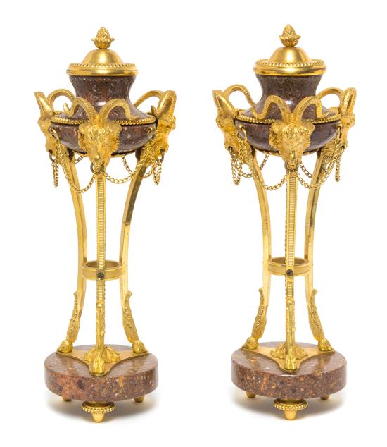 Appraisal: Sale Lot A Pair of Gilt Bronze Mounted Marble Cassolettes