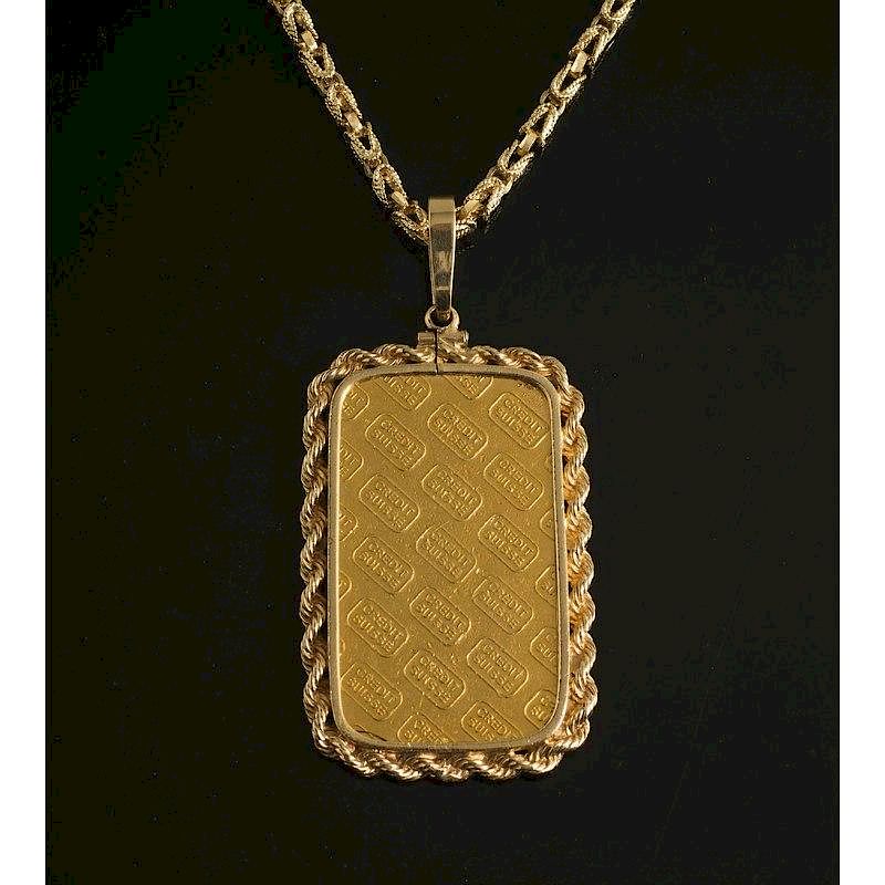 Appraisal: Swiss Gold Bar Pendant Chain Swiss gold bar framed by