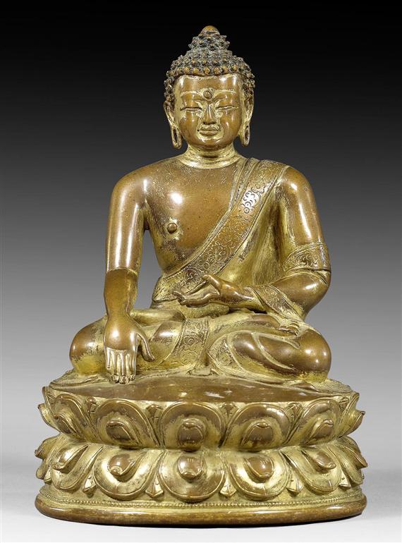 Appraisal: A COPPER ALLOY FIGURE OF BUDDHA SHAKYAMUNI WITH REMAINS OF