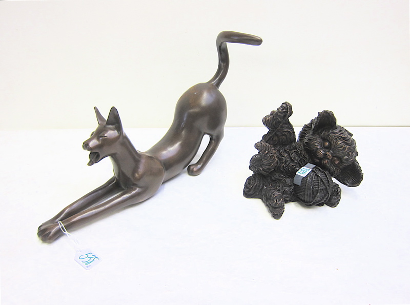 Appraisal: TWO BRONZE CAT SCULPTURES kitten playing with yarn together with