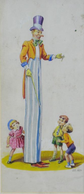 Appraisal: J T Study of Clown on stilts with three children