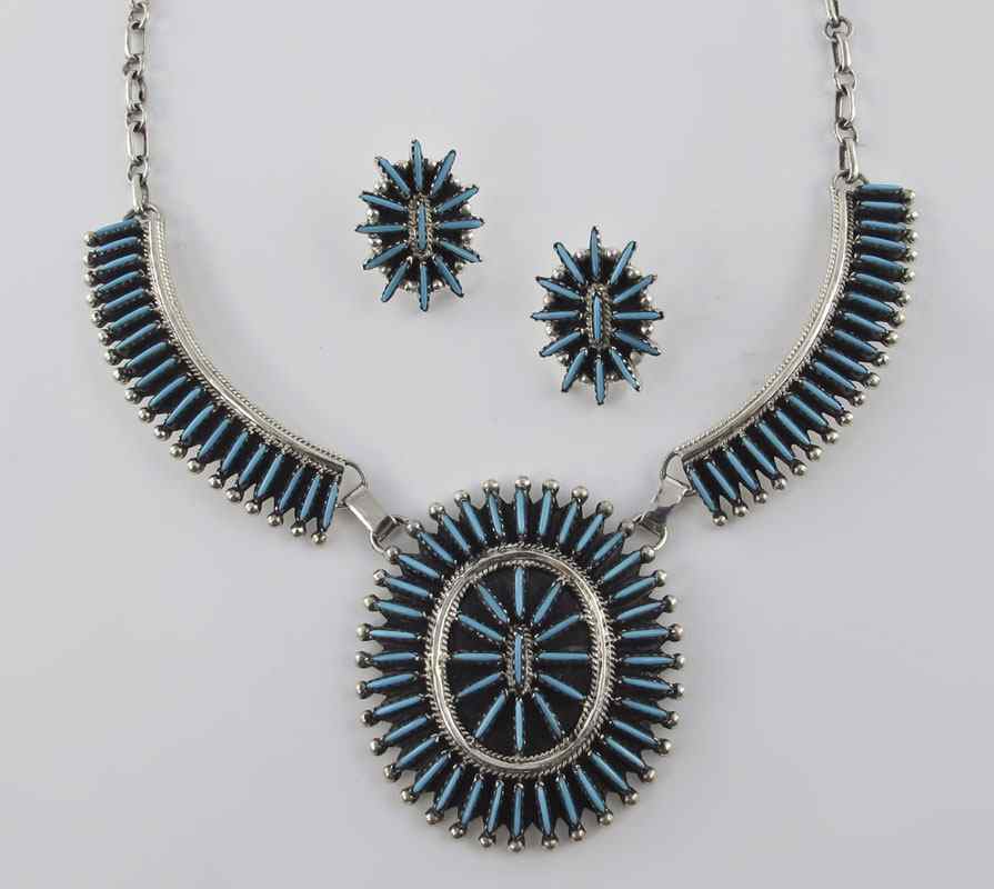 Appraisal: NAVAJO STERLING AND TURQUOISE NEEDLEPOINT NECKLACE AND EARRING SET beautiful