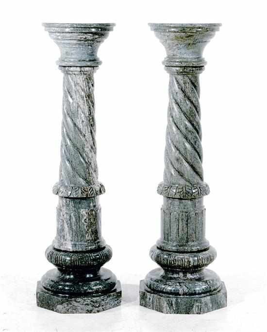 Appraisal: Pair gray-green mottled marble columns twist-carved stem on molded base