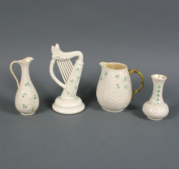 Appraisal: Four Belleek porcelain articles pitcher vase harp and ewer with