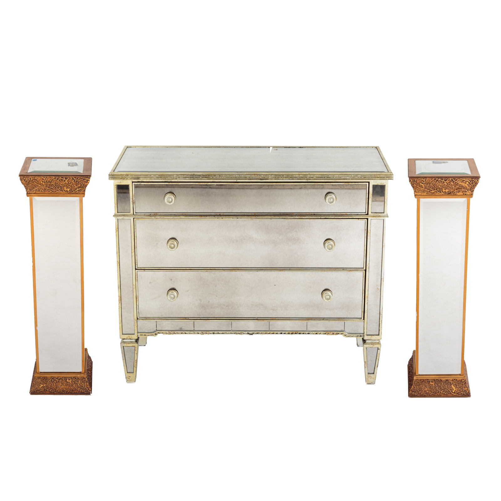 Appraisal: THREE PIECE SUITE OF MIRRORED FURNITURE Including a three-drawer silvered