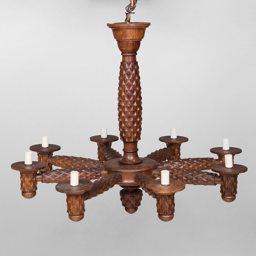 Appraisal: Modern Rustic Carved Wood Eight-Light Chandelier x in diam Masterful