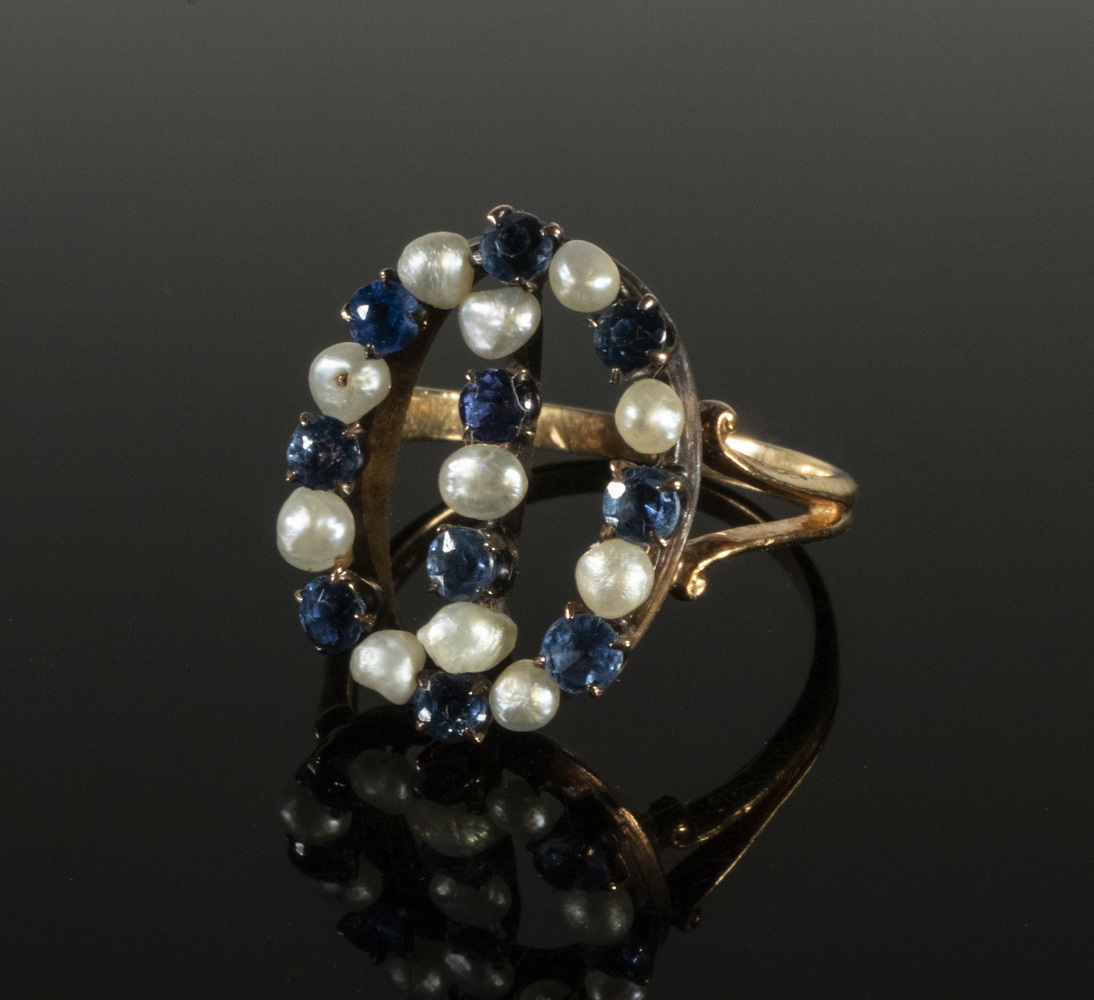 Appraisal: LADIES GOLD PEARL SAPPHIRE RING K Yellow Gold Mounted Oval