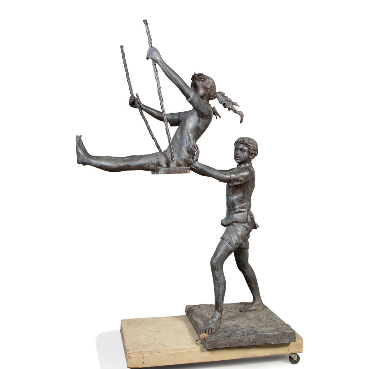 Appraisal: LARGE BRONZE CHILDREN WITH SWING GARDEN SCULPTURE Life-size bronze garden