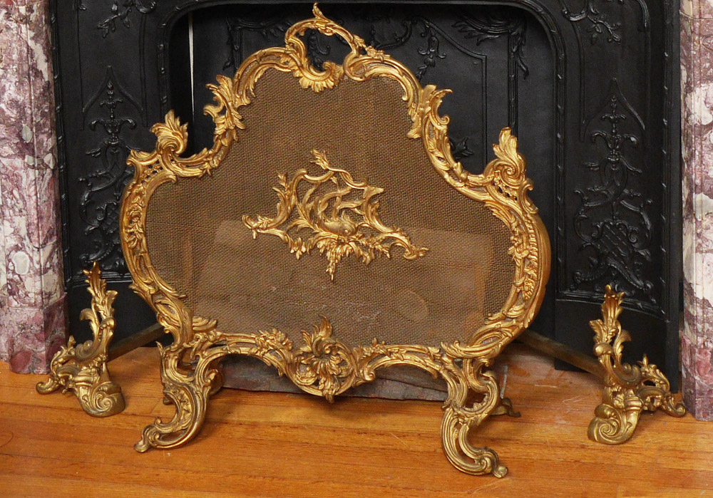 Appraisal: GILT BRONZE ROCOCO FIRE SCREEN AND ANDIRONS pieces total French