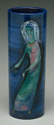 Appraisal: Polia Pillin pottery vase cylindrical figure of woman with bird