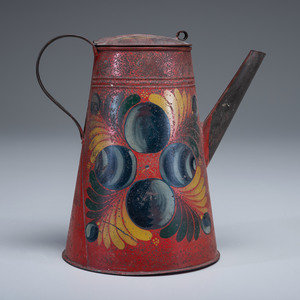 Appraisal: A Toleware Paint-Decorated Tin Coffeepot Pennsylvania th Century Height inches