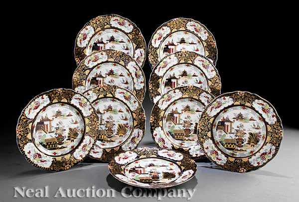 Appraisal: Nine English Gilt and Polychrome Ironstone Dinner Plates mid- th