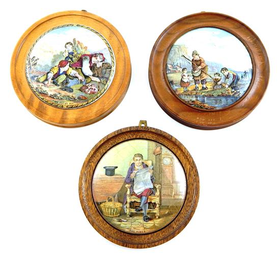 Appraisal: Three th C Prattware jar lids mounted in later wood