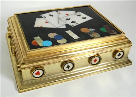 Appraisal: GILT BRONZE AND PIETRA DURA GAMES BOX with side carrying