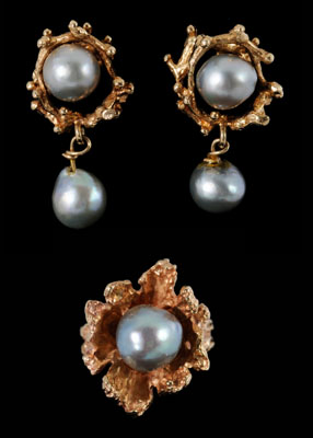 Appraisal: Baroque gray pearl earrings and ring kt yellow gold free-form