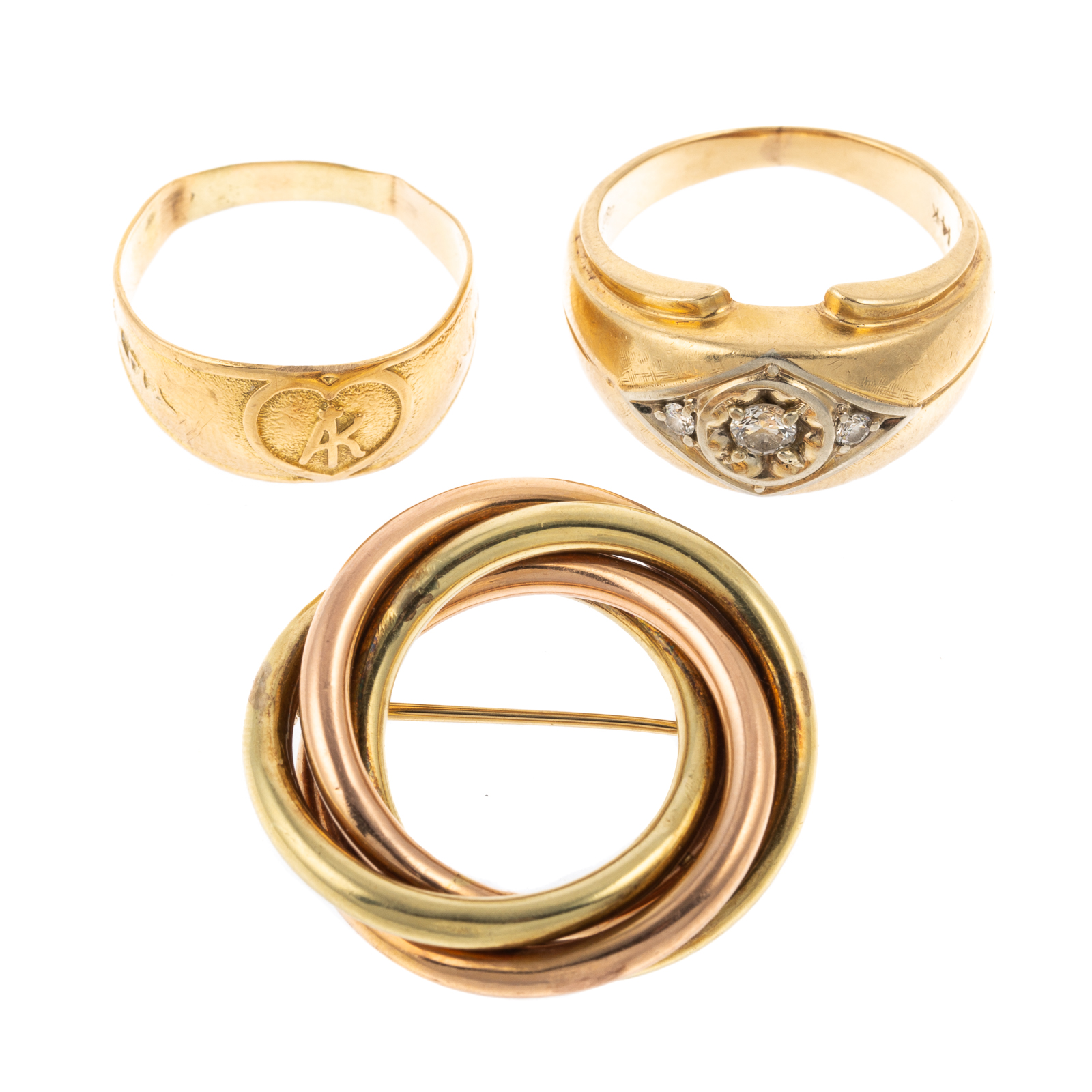 Appraisal: A COLLECTION OF GOLD RINGS PINS IN K K K