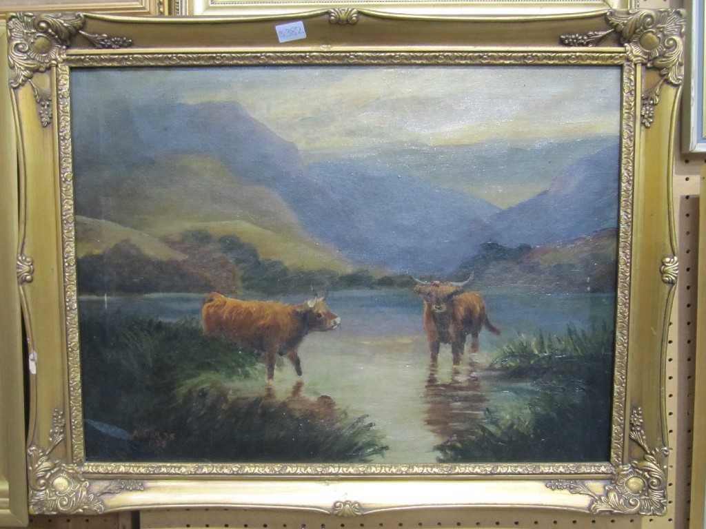 Appraisal: Oil on canvas highland landscape with cattle signed and dated