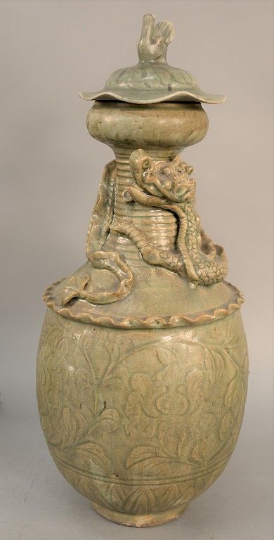 Appraisal: Chinese celadon glazed covered jar having molded dragon on neck