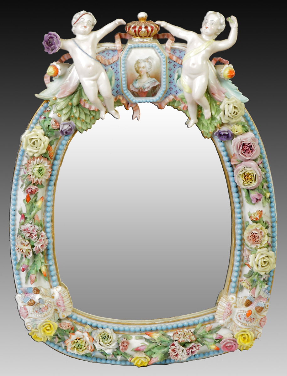 Appraisal: German Hand Painted Porcelain Mirror Applied flowers cherubs