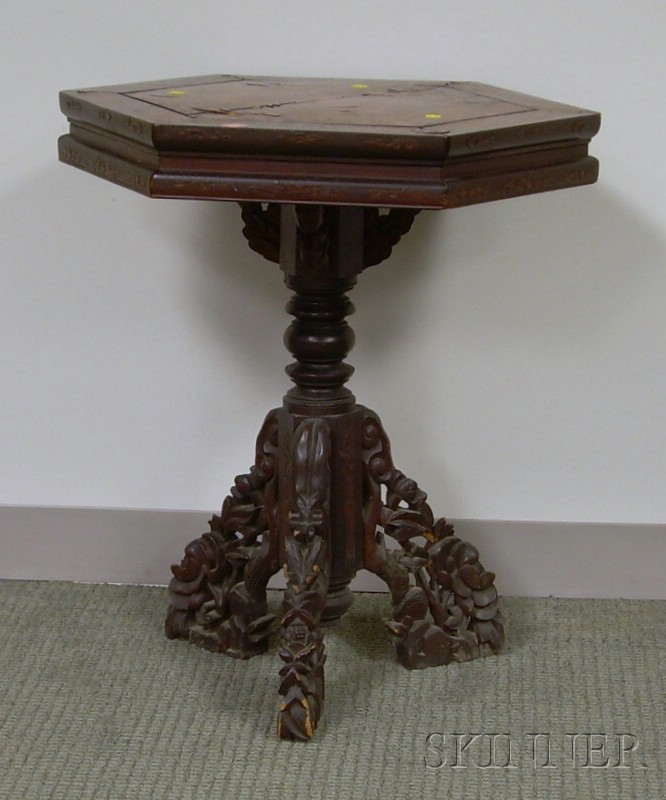 Appraisal: Chinese Export Hexagonal Marquetry Decorated Carved Hardwood Stand losses imperfections