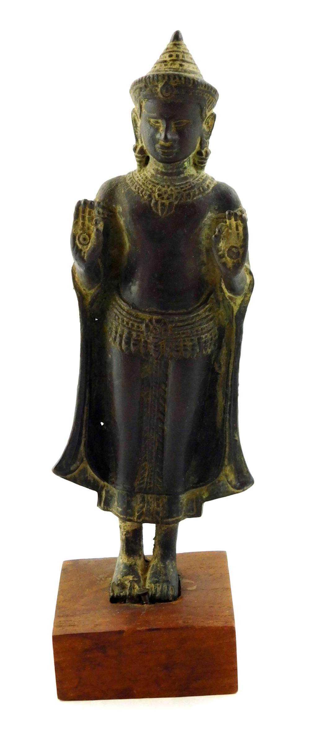 Appraisal: ASIAN CAMBODIAN KHMER STANDING BUDDHIST FIGURE EARLY BRONZE ON WOODEN