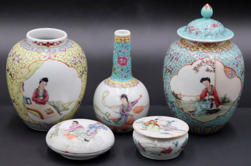 Appraisal: CHINESE FAMILLE ROSE GROUPING Chinese Famille Rose jar displaying two