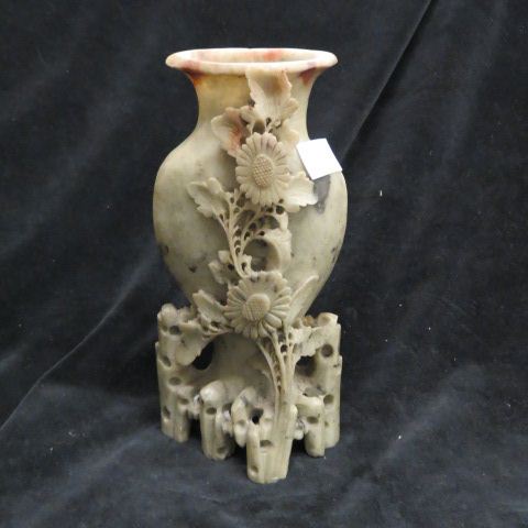 Appraisal: Chinese Carved Soapstone Vase fine floral decor excellent