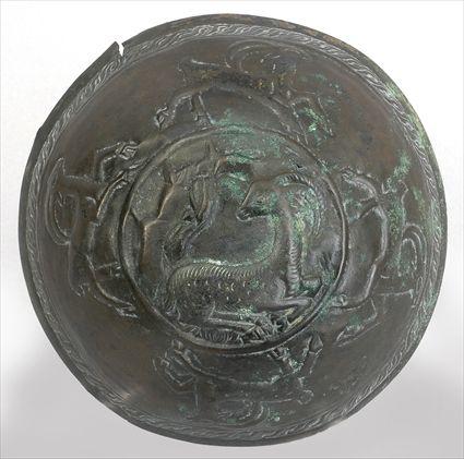 Appraisal: SASSANIAN-STYLE BRONZE BOWL With repousse relief decoration of gamboling gazelles