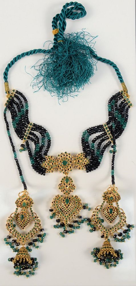 Appraisal: Karat Gold Necklace and Earrings set with emeralds and sapphire